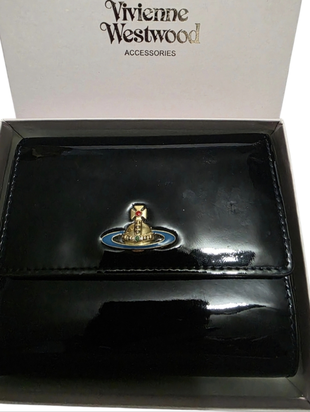 Vivienne Westwood Black Patent Wallet with Gold Orb and Blue Enamel New In Box